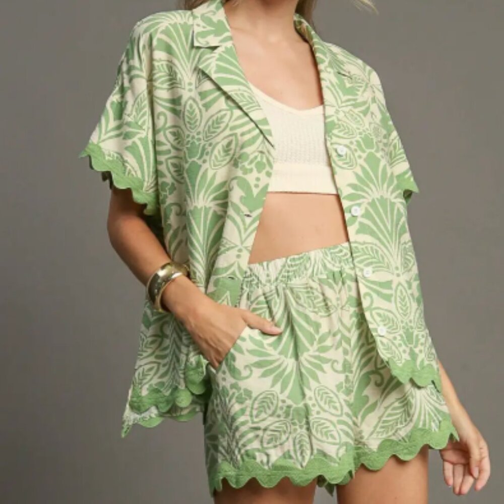 184.Two Tone Button Down Shirt & Two Tone Print Shorts 2 pc set